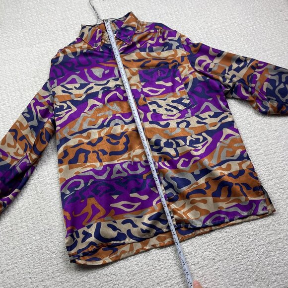 Y2K Rouie Purple / Orange camo AOP Button Up Top Sz 14 Funky Party Canada Made - Picture 9 of 14
